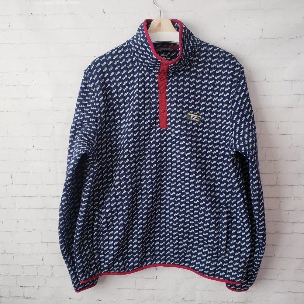 L.L. Bean Mens Sweater Fleece Pullover Print Size XL Reg Slightly Fitted Blue